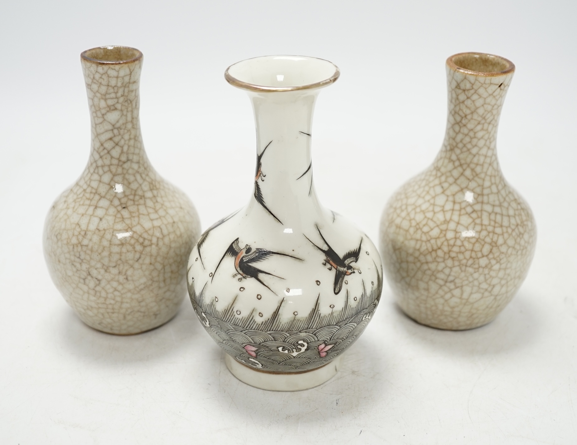 A pair of 19th century Chinese crackle glazed vases, and a Chinese vase enamelled with birds, 14cm. Condition - fair